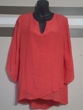 ⭐️Cristina B. Coral Pink Split-Neck Asymmetric Dual Sheer Layer Tunic Blouse Lg